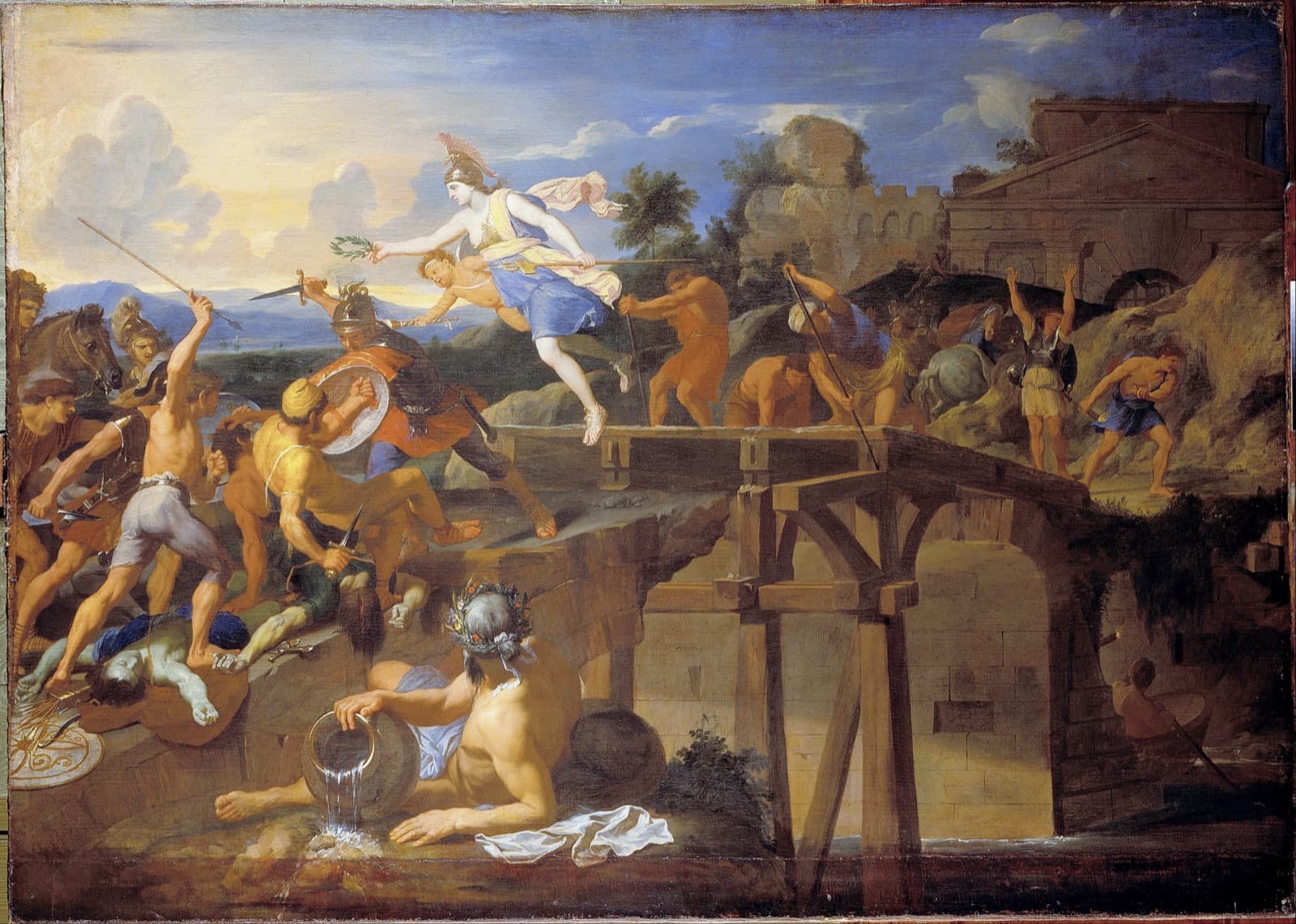 Horatius Cocles in armour on a bridge, fighting off Etruscan soldiers while the bridge is cut down behind him