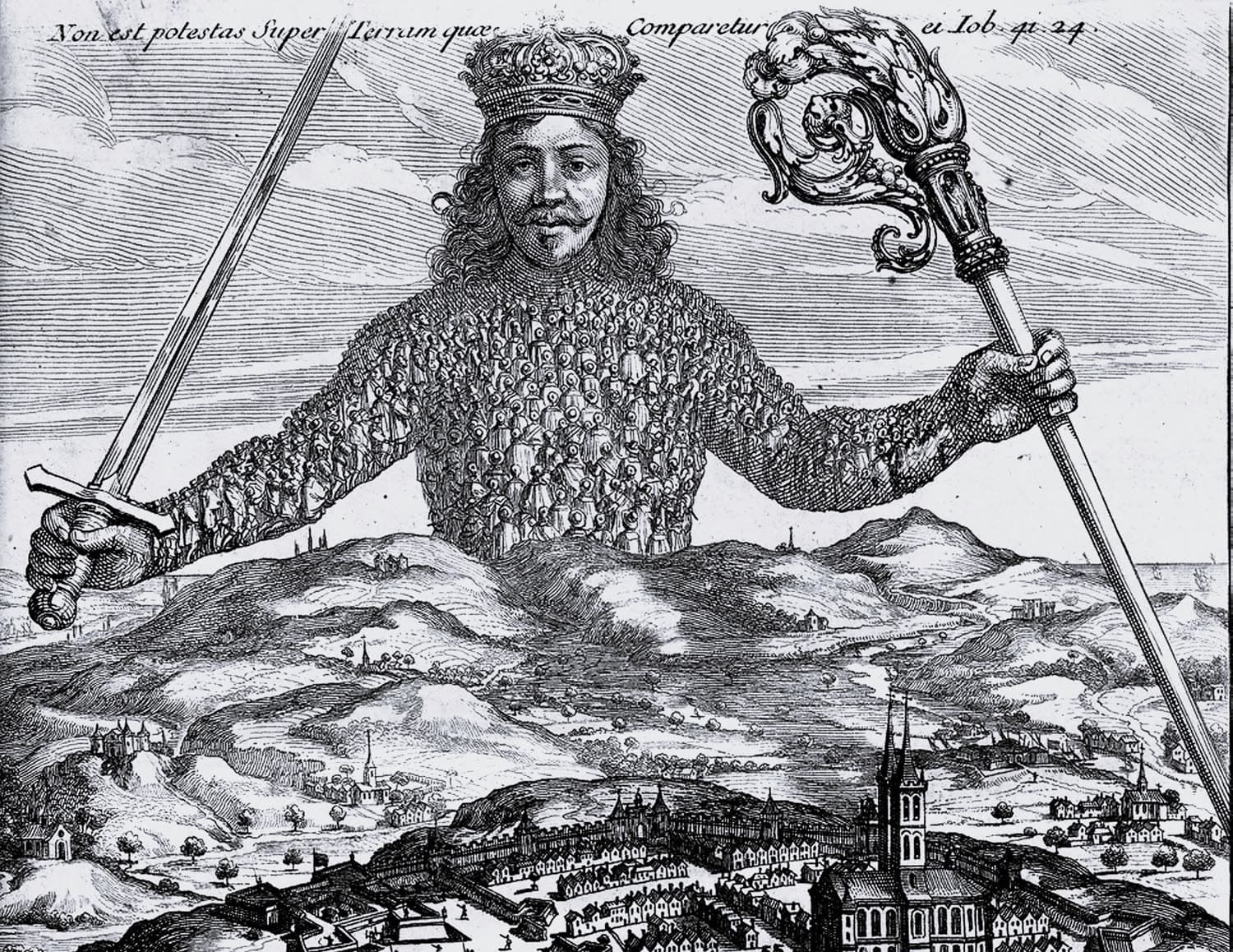 A crowned giant made of many tiny people rises over a town, holding a sword and a crozier