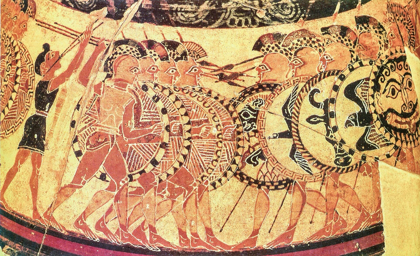 Marching hoplites in a line, shields overlapping, on a Greek vase