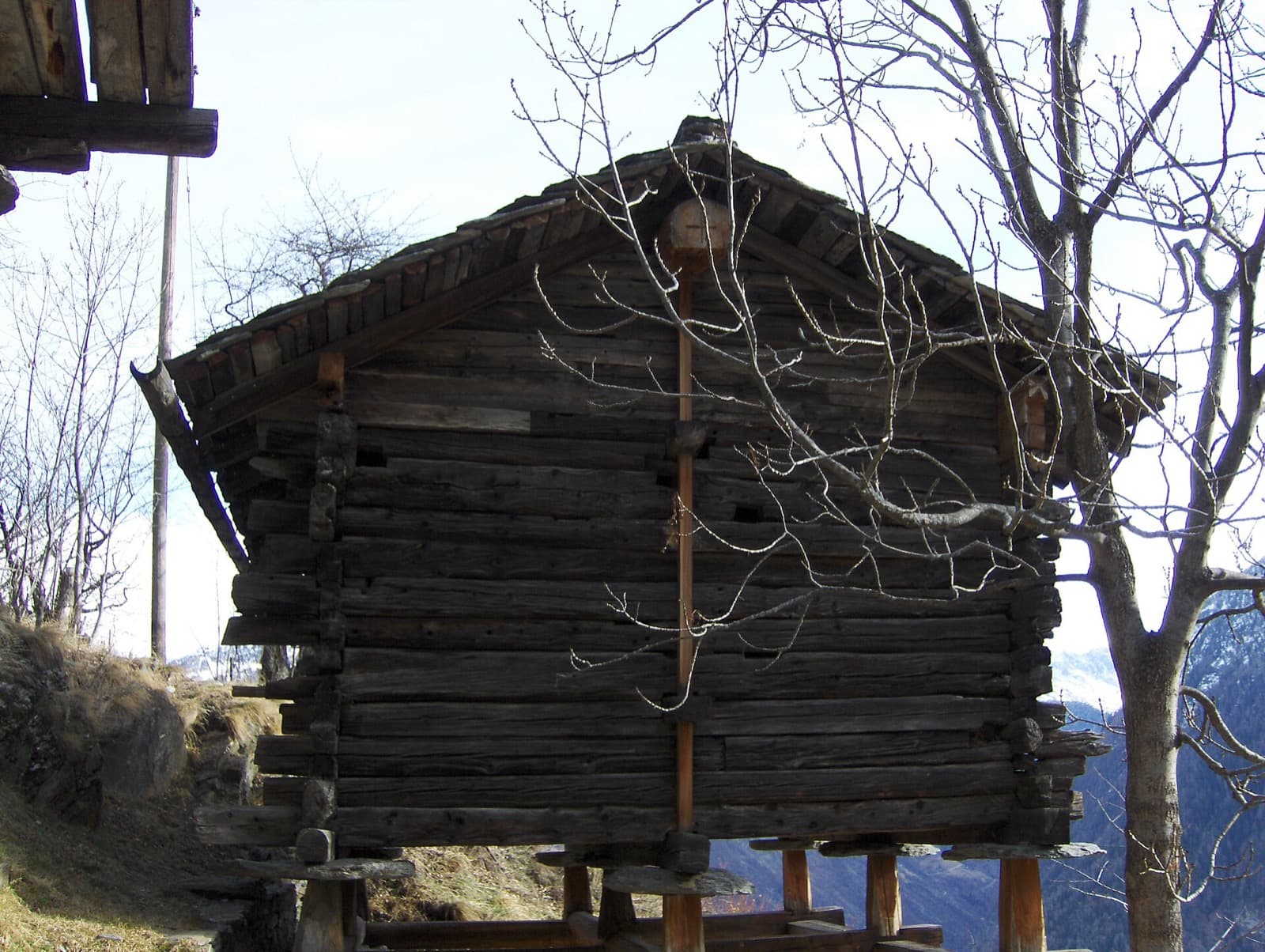 An old timber hay barn on stone stilts in Törbel